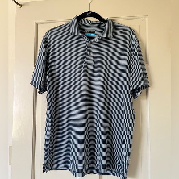 PGA TOUR Men’s Blue White Striped Polo Size Medium Short Sleeve Golf Collar - Picture 1 of 8